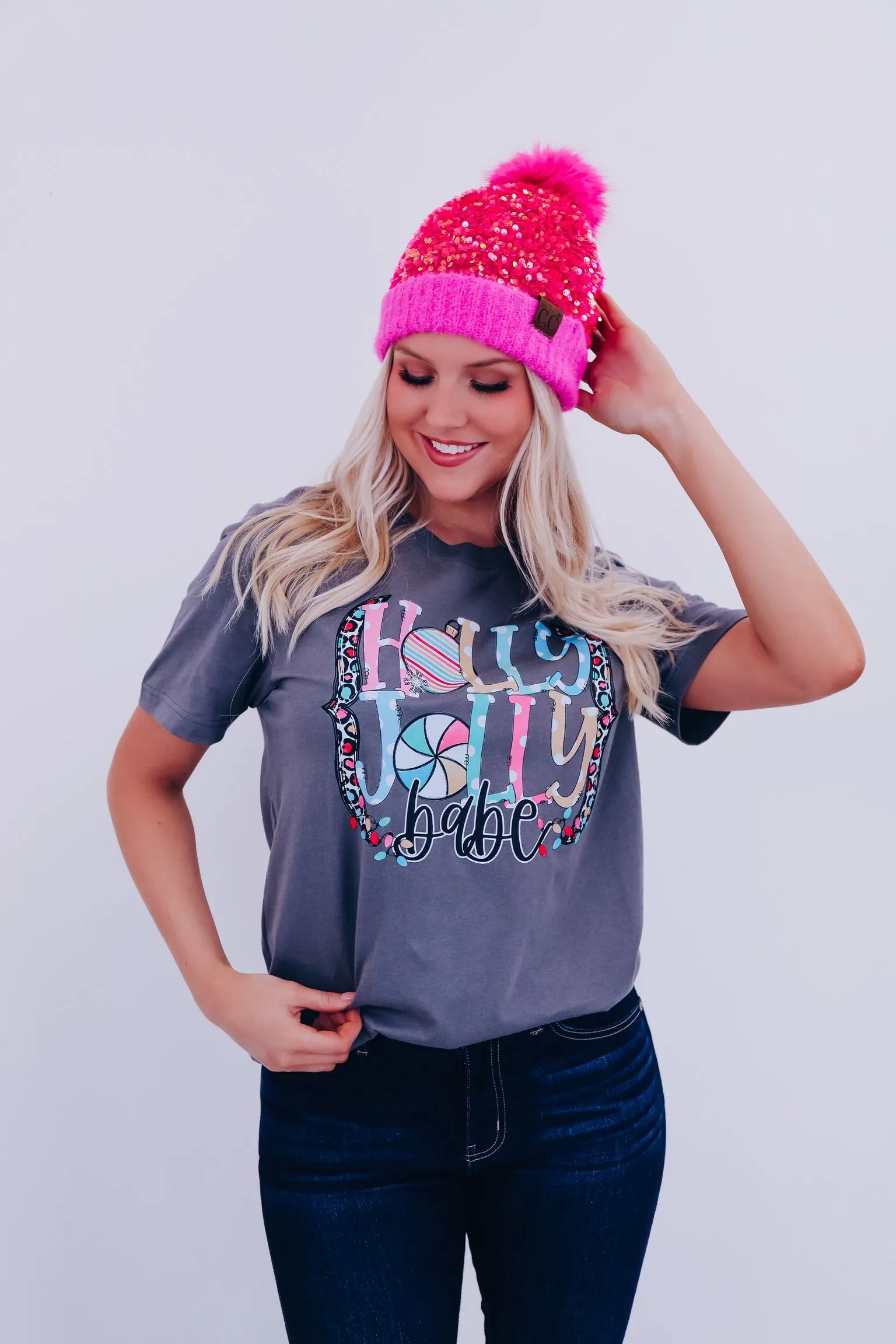 Holly Jolly Babe Graphic Tee - Grey