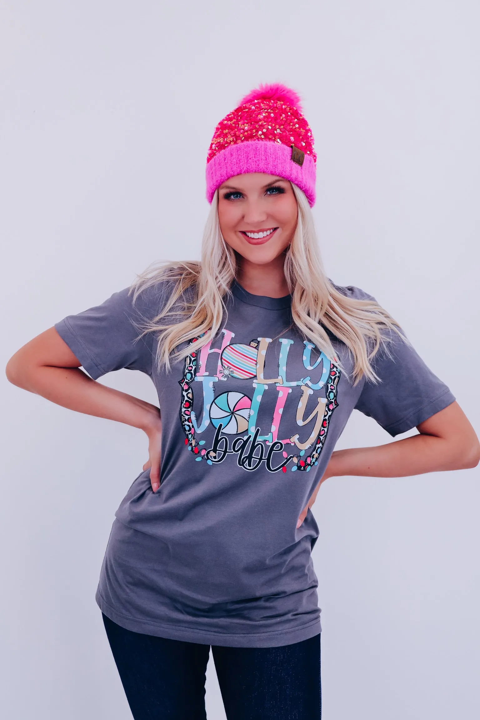 Holly Jolly Babe Graphic Tee - Grey