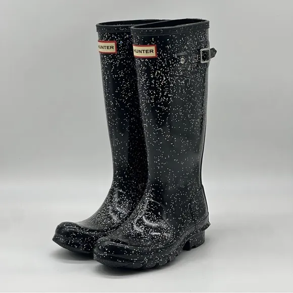 Hunter Black Glitter Rain Boots. Size 5