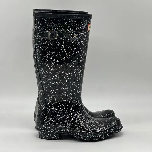 Hunter Black Glitter Rain Boots. Size 5
