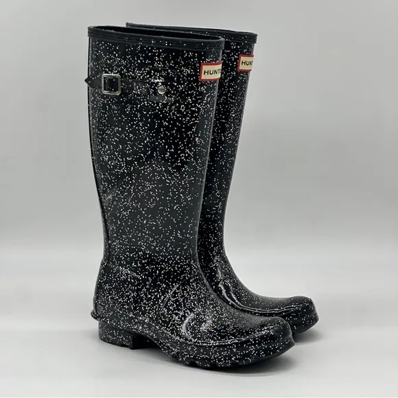 Hunter Black Glitter Rain Boots. Size 5