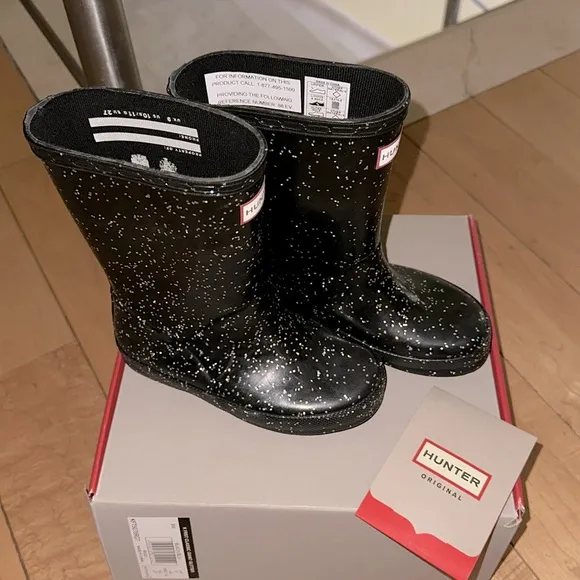 Hunter Kids’ Original First Classic Glitter Rain Boot in Black/Black New