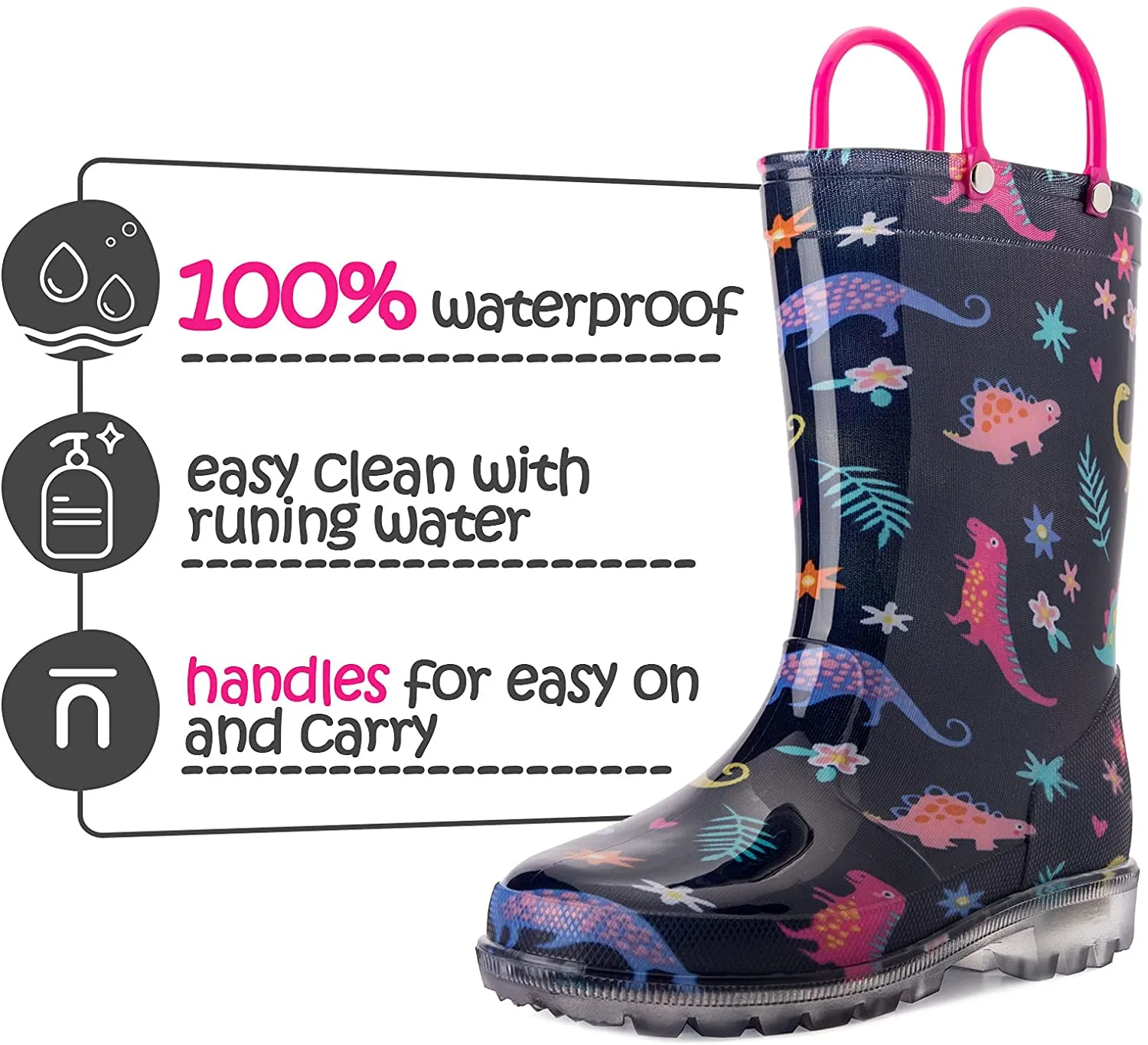 K KomForme Toddler Light Up PVC Black Dinosaur Rain Boots