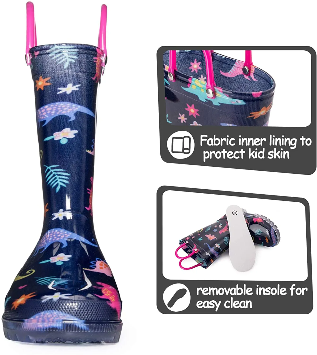 K KomForme Toddler Light Up PVC Black Dinosaur Rain Boots