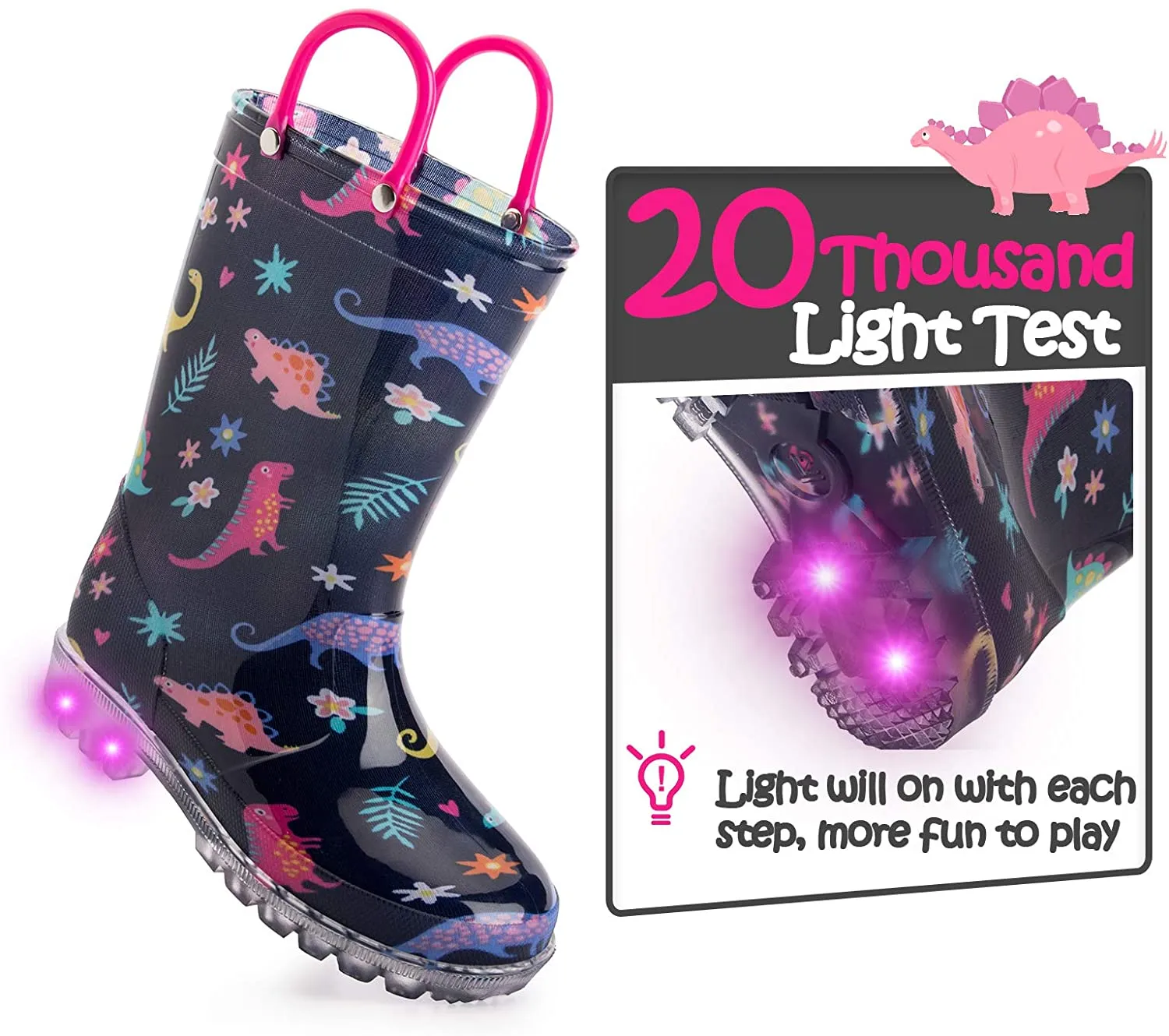 K KomForme Toddler Light Up PVC Black Dinosaur Rain Boots