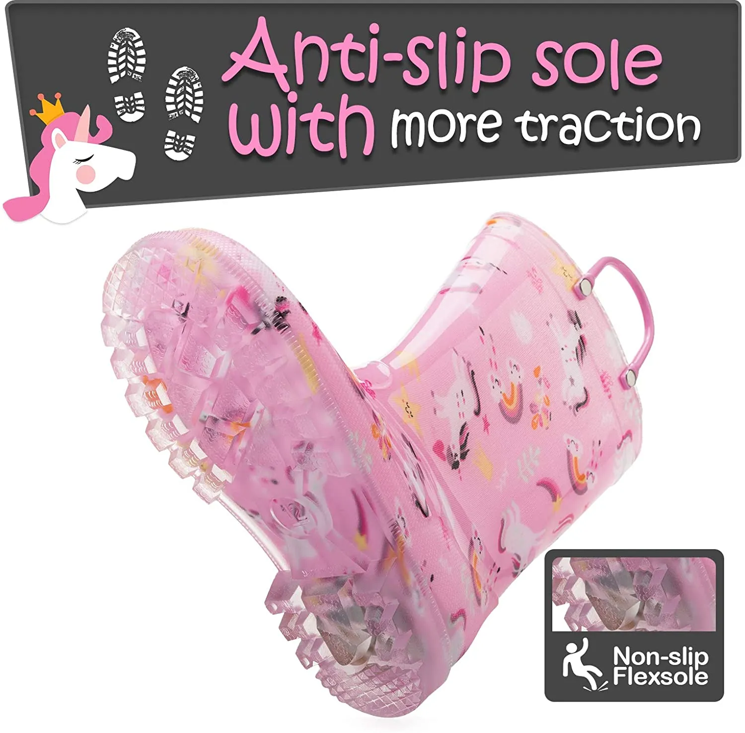 K KomForme Toddler Light Up PVC Pink Unicorn Rain Boots