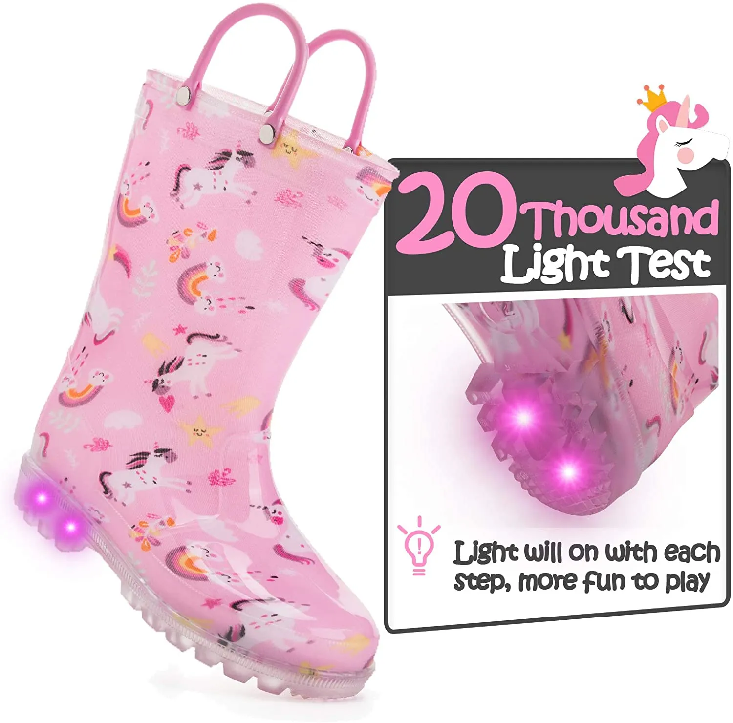 K KomForme Toddler Light Up PVC Pink Unicorn Rain Boots