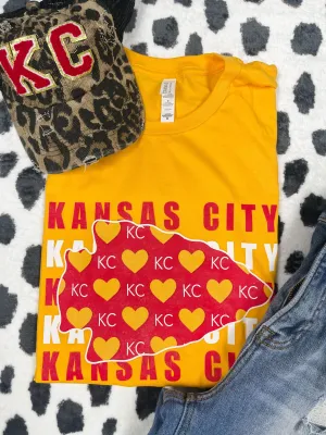 Kansas City Repeat Heart Pattern in Arrowhead Gold Graphic Tee