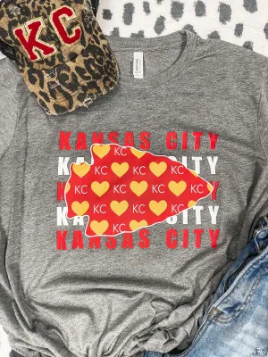 Kansas City Repeat Heart Pattern in Arrowhead Grey Graphic Tee