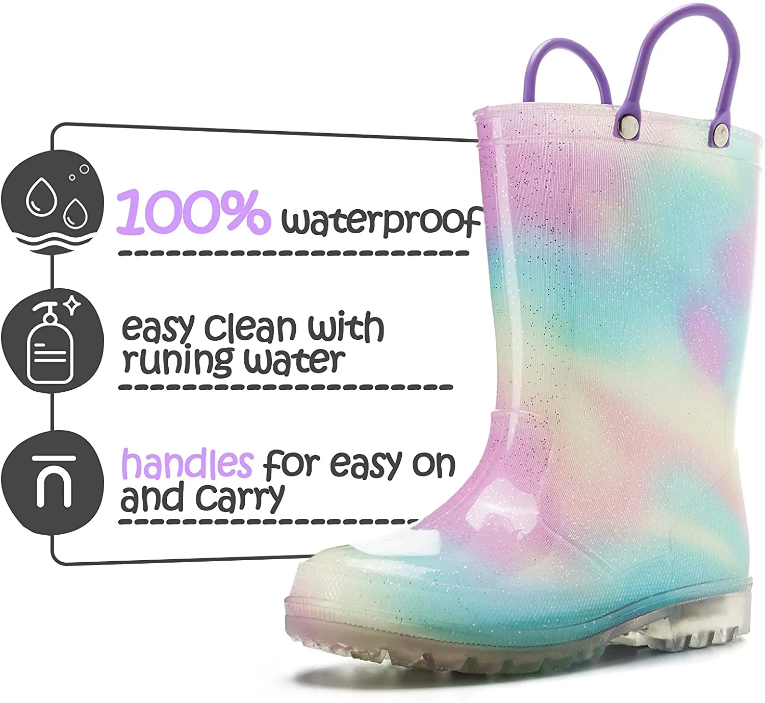 Kids Girls Light Rain Boots Solid Glitter Aurora with Led - KKOMFORME