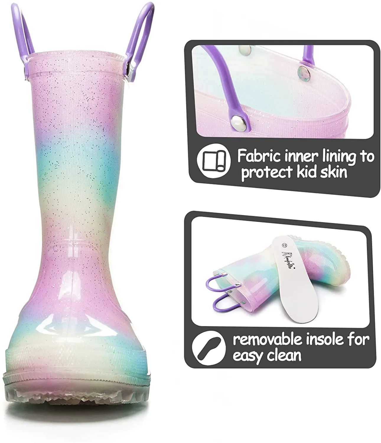 Kids Girls Light Rain Boots Solid Glitter Aurora with Led - KKOMFORME