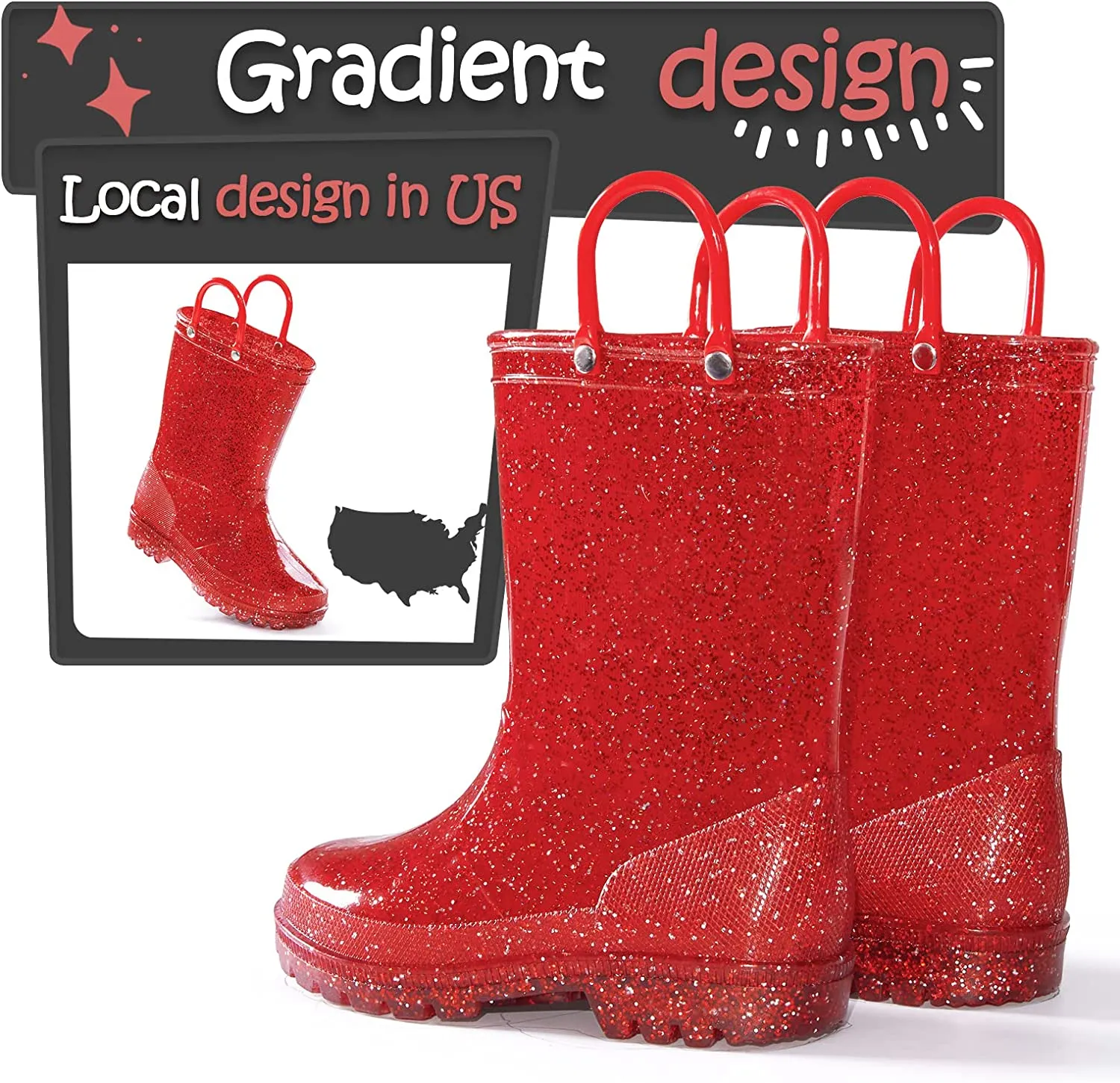 Kids Girls Light Rain Boots Solid Glitter Red with Led - KKOMFORME