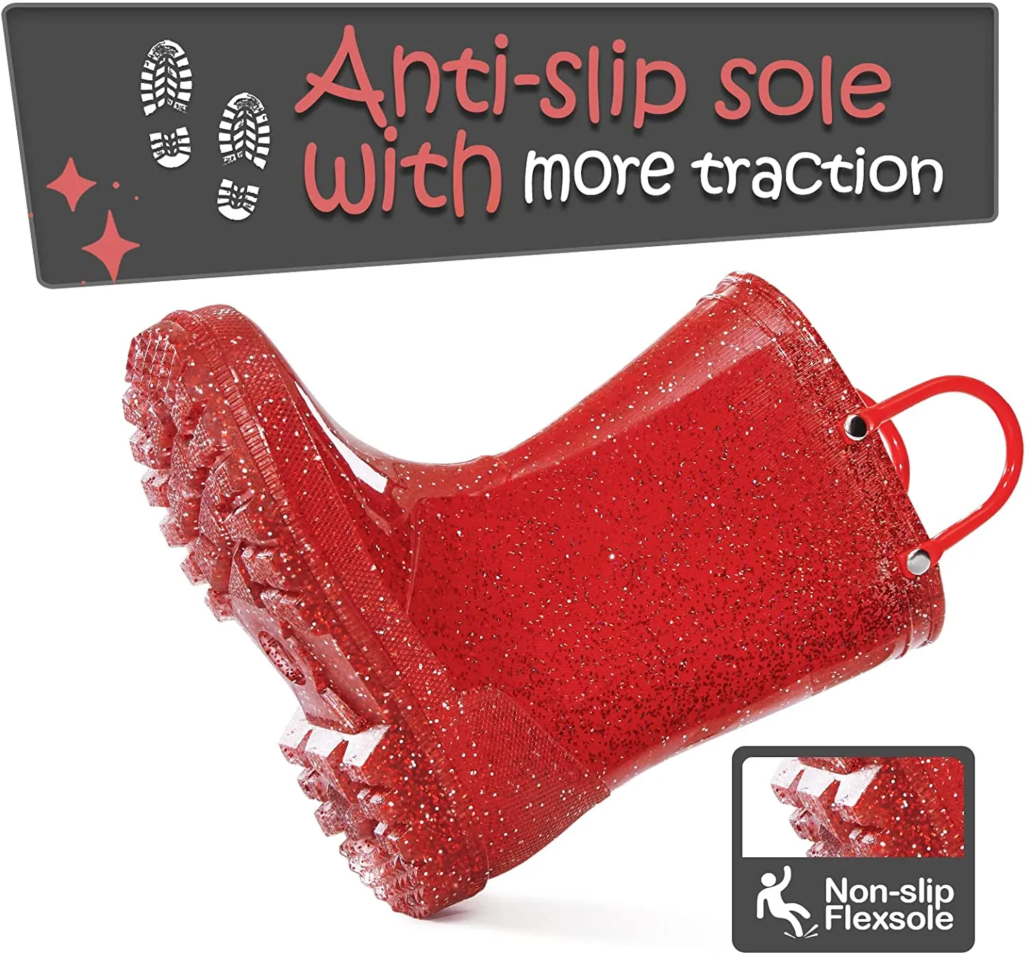 Kids Girls Light Rain Boots Solid Glitter Red with Led - KKOMFORME