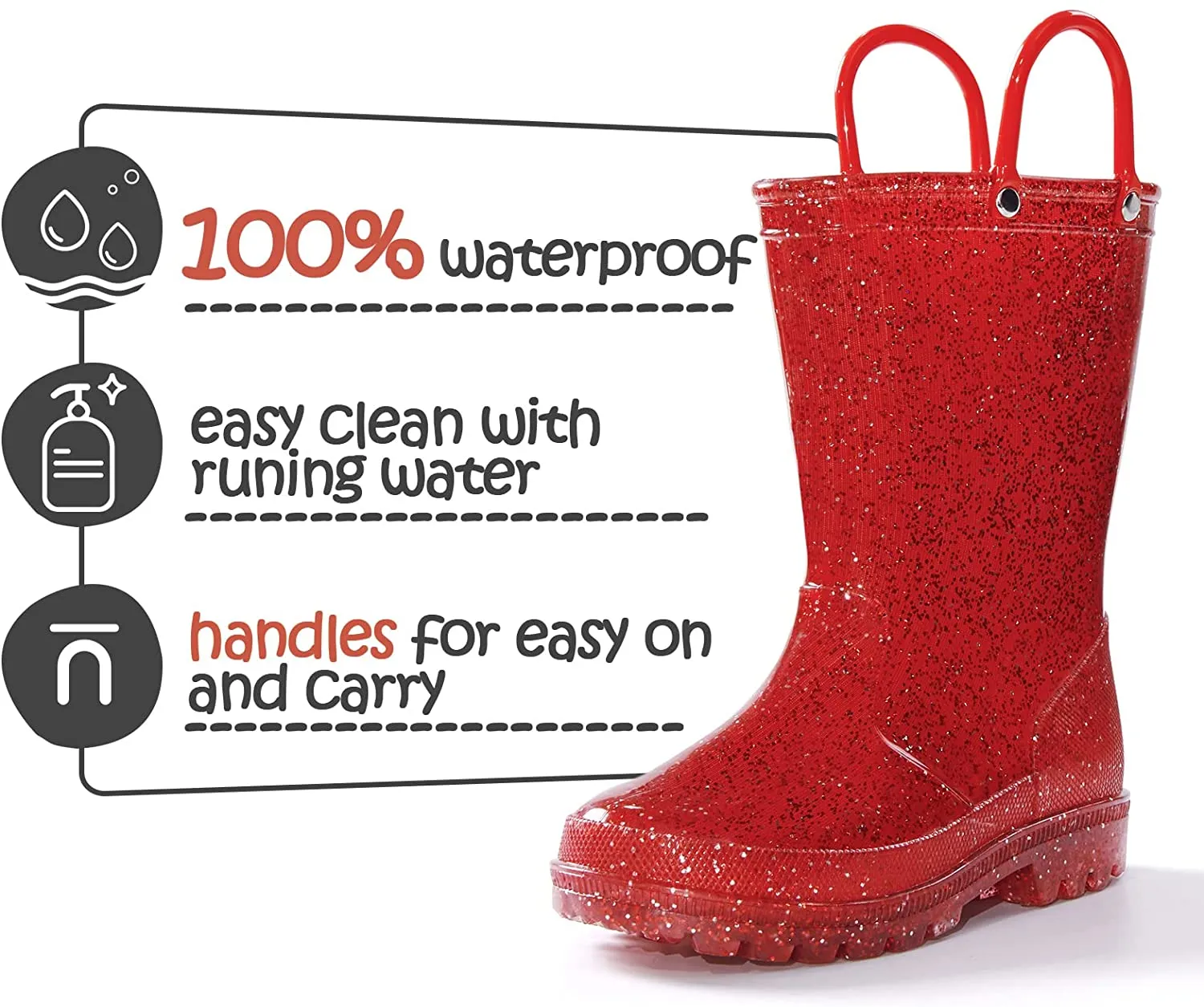 Kids Girls Light Rain Boots Solid Glitter Red with Led - KKOMFORME