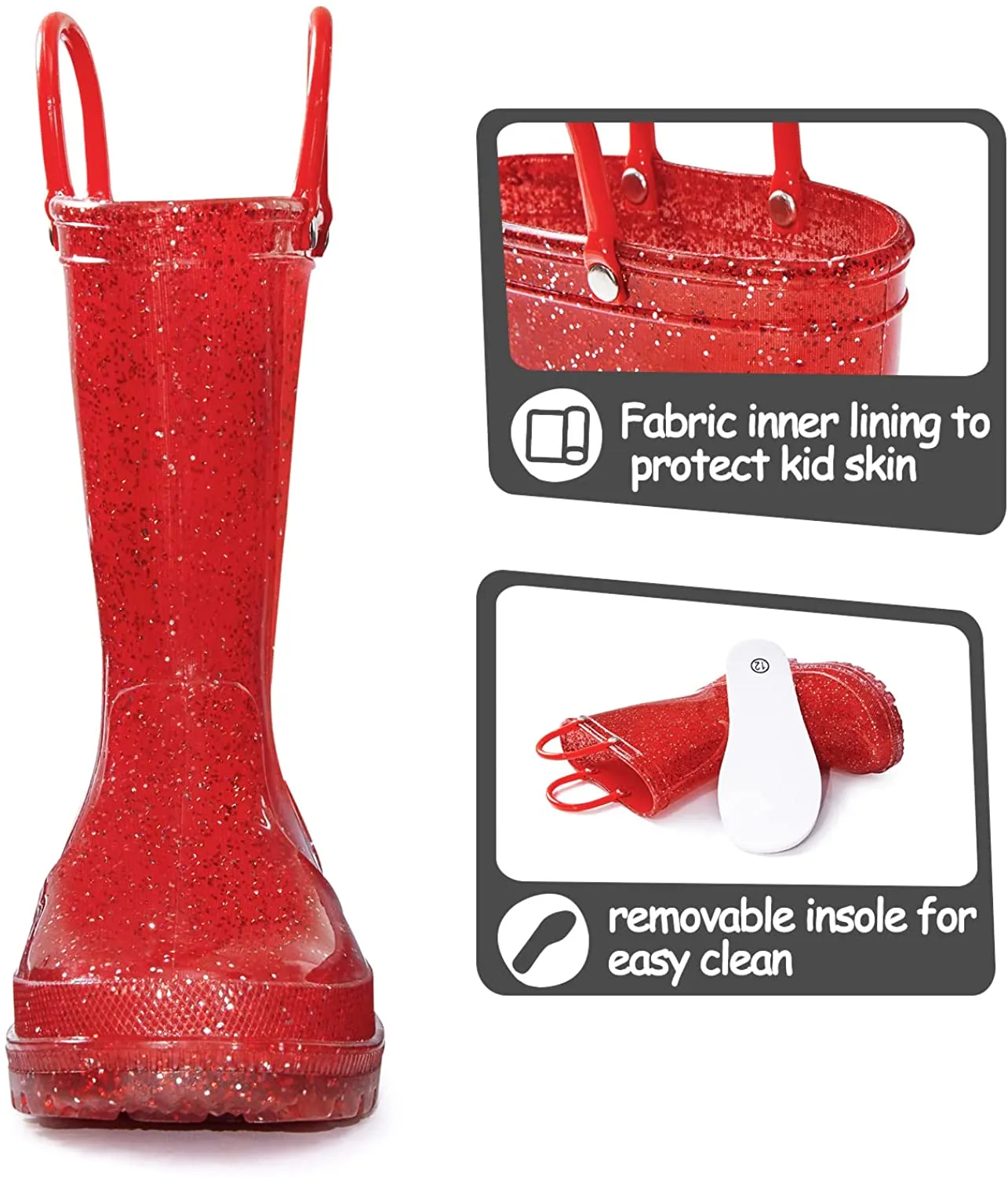 Kids Girls Light Rain Boots Solid Glitter Red with Led - KKOMFORME