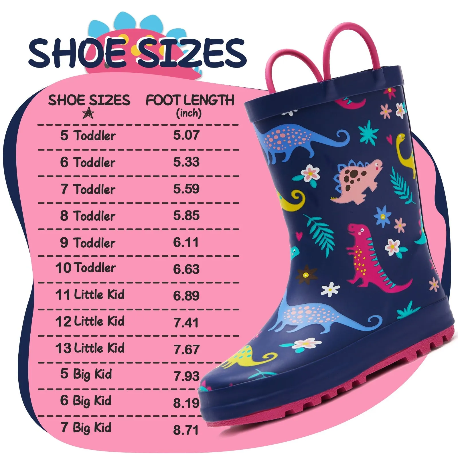 Multicolor Dinosaur Waterproof Navy Rubber Rain Boots