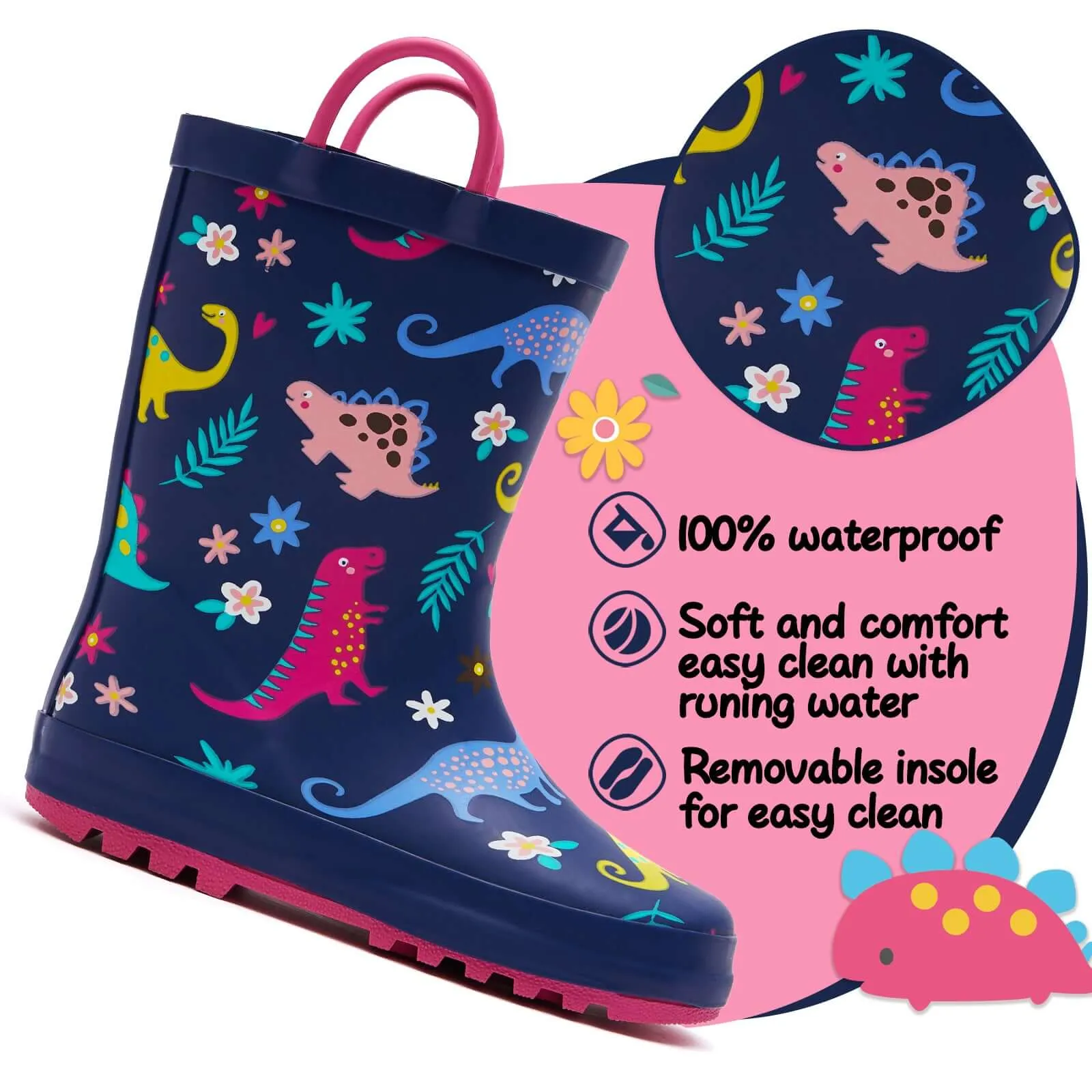 Multicolor Dinosaur Waterproof Navy Rubber Rain Boots