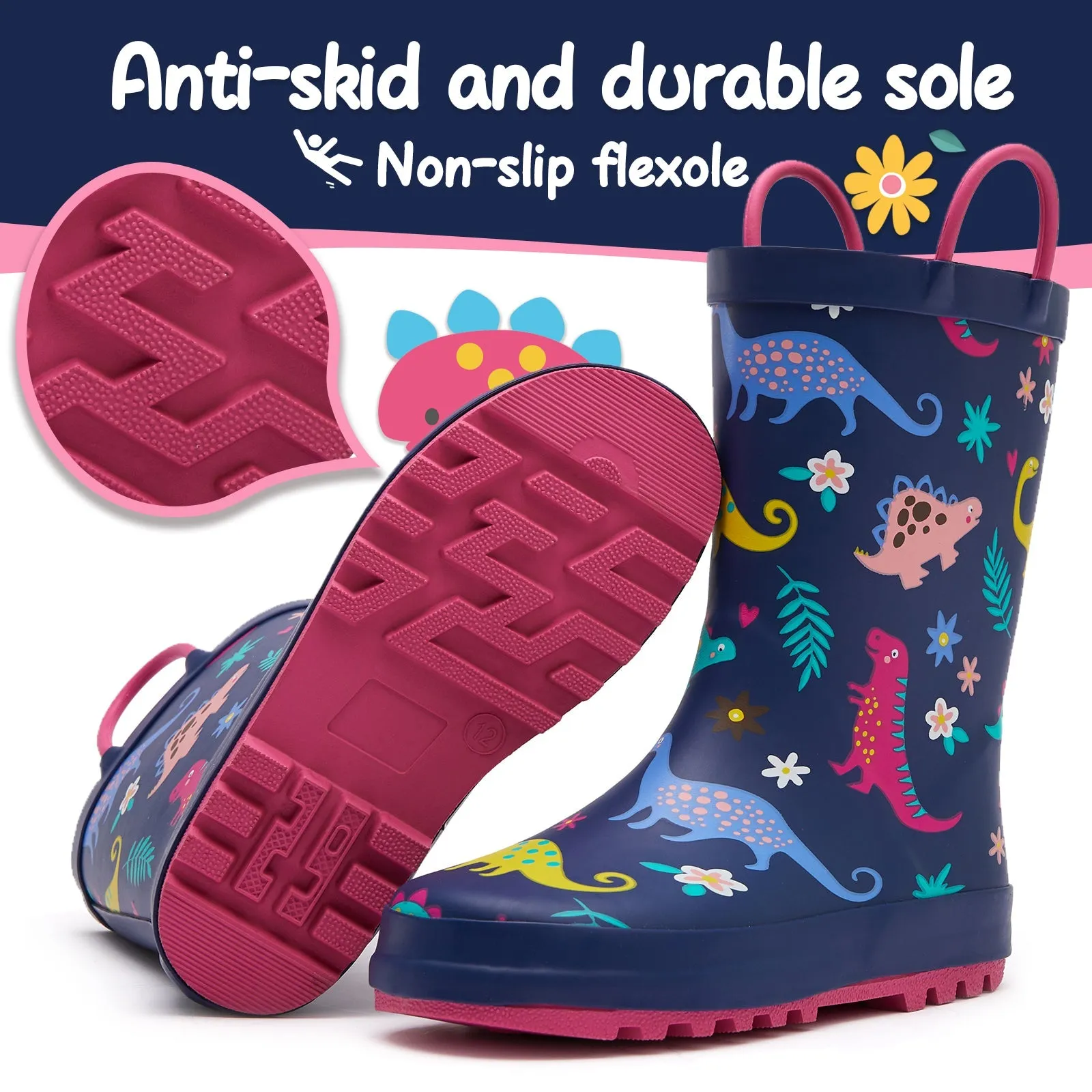 Multicolor Dinosaur Waterproof Navy Rubber Rain Boots
