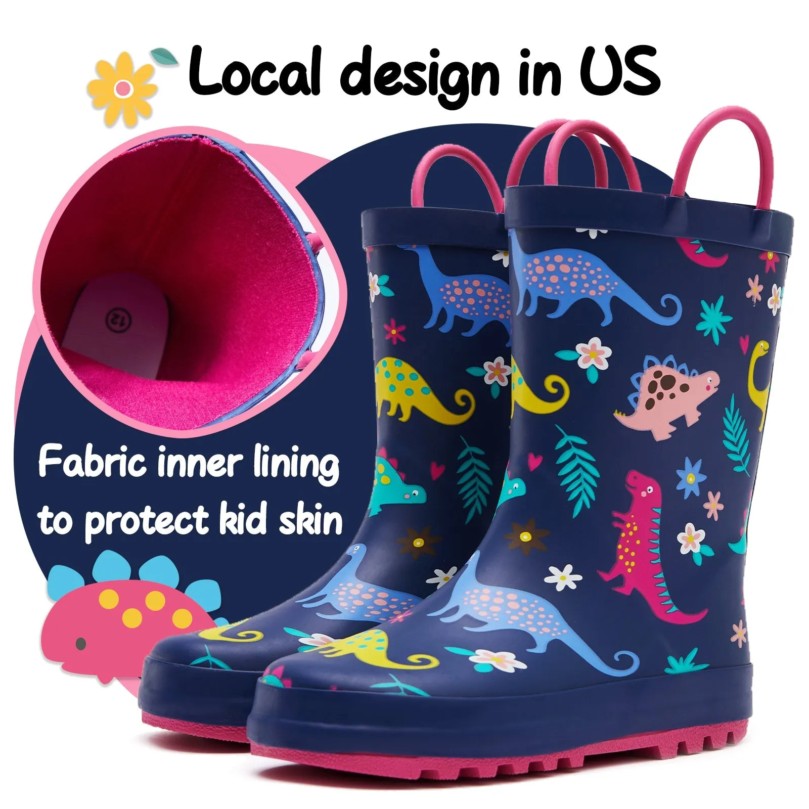 Multicolor Dinosaur Waterproof Navy Rubber Rain Boots