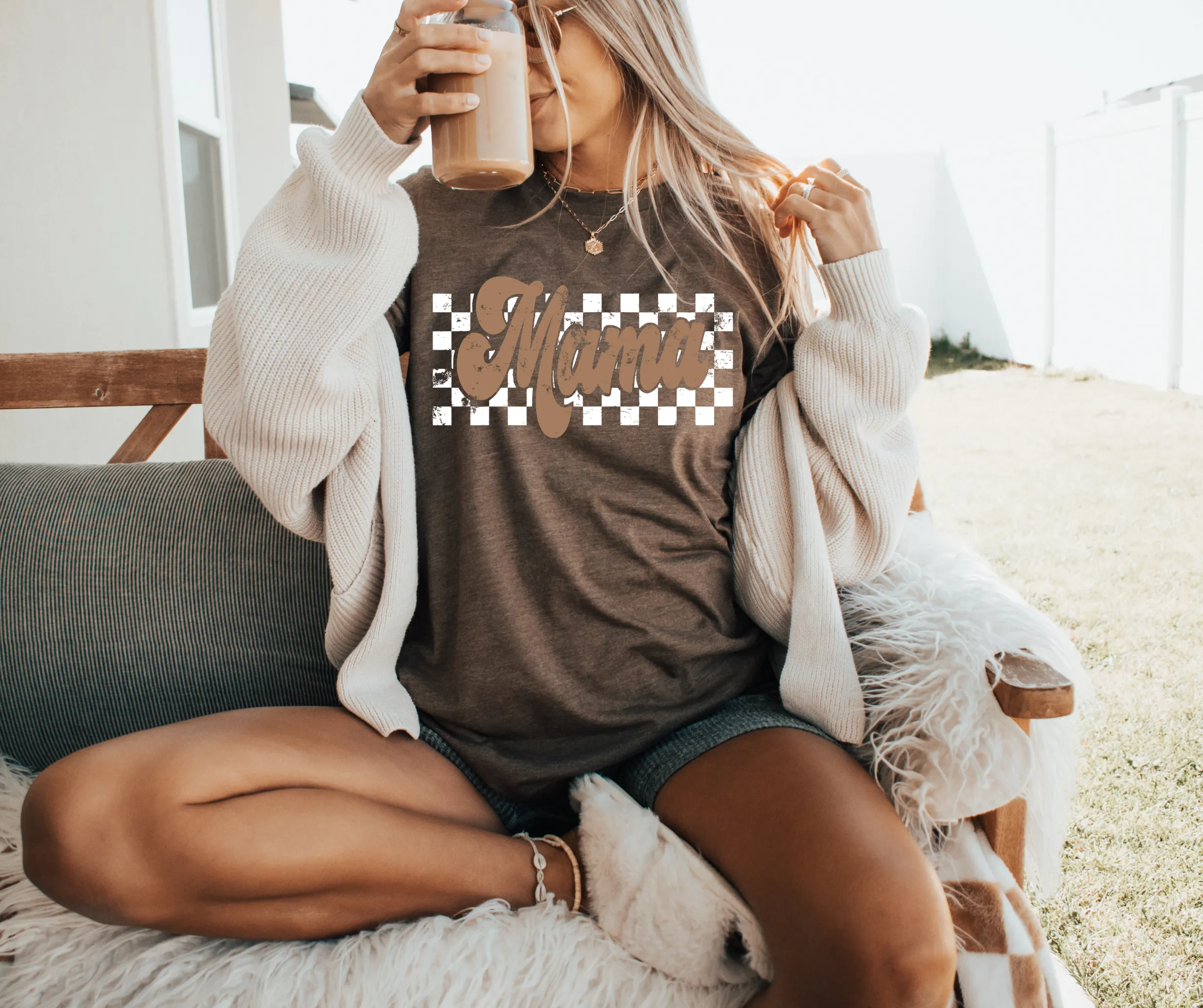 Natural Checkered Mama Brown Graphic Tee