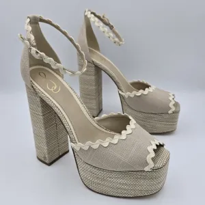 NWOT Sam Edelman Kori 2 Ankle Wrap Peep-Toe Platform Heels, Natural Linen, Sz. 9