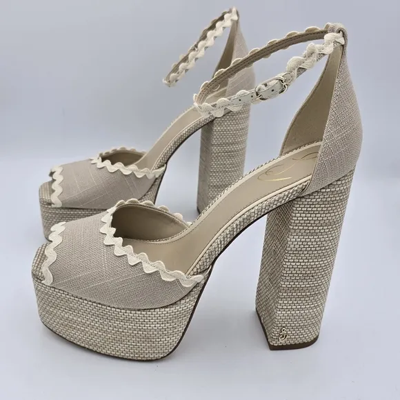 NWOT Sam Edelman Kori 2 Ankle Wrap Peep-Toe Platform Heels, Natural Linen, Sz. 9
