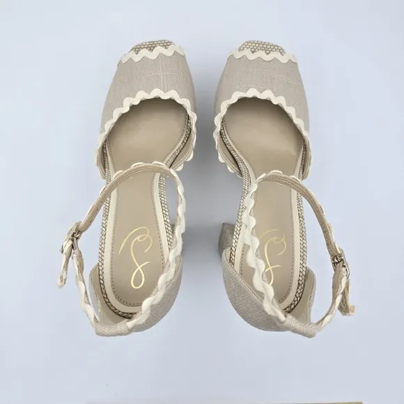 NWOT Sam Edelman Kori 2 Ankle Wrap Peep-Toe Platform Heels, Natural Linen, Sz. 9