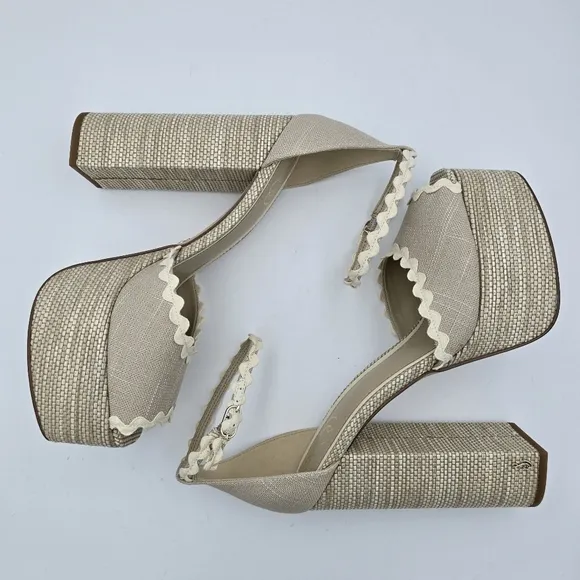 NWOT Sam Edelman Kori 2 Ankle Wrap Peep-Toe Platform Heels, Natural Linen, Sz. 9