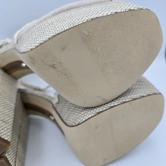 NWOT Sam Edelman Kori 2 Ankle Wrap Peep-Toe Platform Heels, Natural Linen, Sz. 9