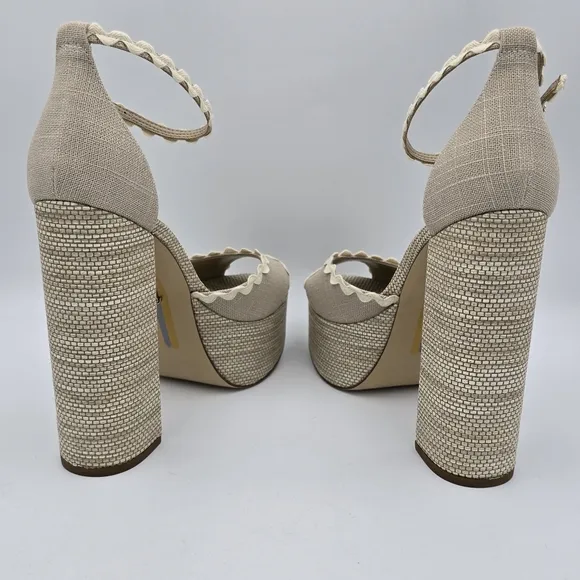 NWOT Sam Edelman Kori 2 Ankle Wrap Peep-Toe Platform Heels, Natural Linen, Sz. 9