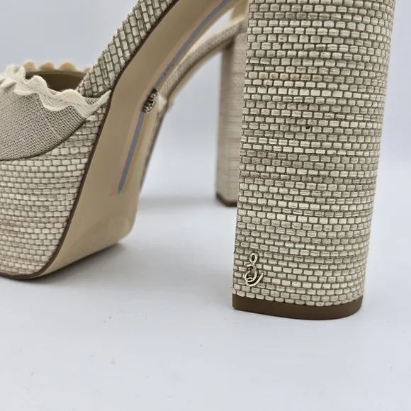 NWOT Sam Edelman Kori 2 Ankle Wrap Peep-Toe Platform Heels, Natural Linen, Sz. 9