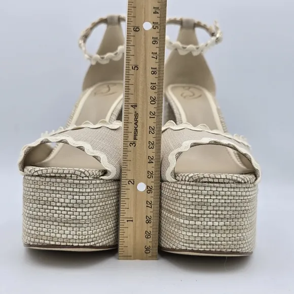NWOT Sam Edelman Kori 2 Ankle Wrap Peep-Toe Platform Heels, Natural Linen, Sz. 9