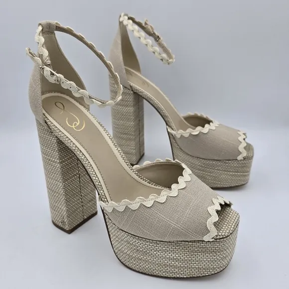 NWOT Sam Edelman Kori 2 Ankle Wrap Peep-Toe Platform Heels, Natural Linen, Sz. 9