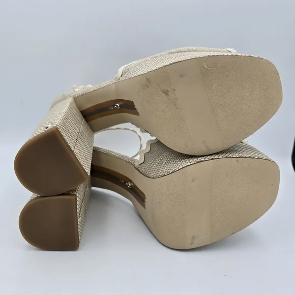 NWOT Sam Edelman Kori 2 Ankle Wrap Peep-Toe Platform Heels, Natural Linen, Sz. 9