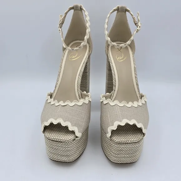 NWOT Sam Edelman Kori 2 Ankle Wrap Peep-Toe Platform Heels, Natural Linen, Sz. 9