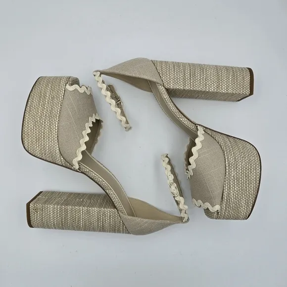 NWOT Sam Edelman Kori 2 Ankle Wrap Peep-Toe Platform Heels, Natural Linen, Sz. 9