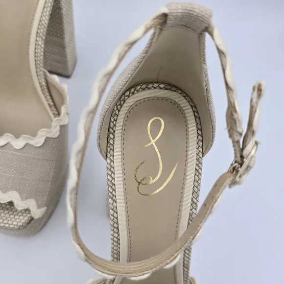 NWOT Sam Edelman Kori 2 Ankle Wrap Peep-Toe Platform Heels, Natural Linen, Sz. 9