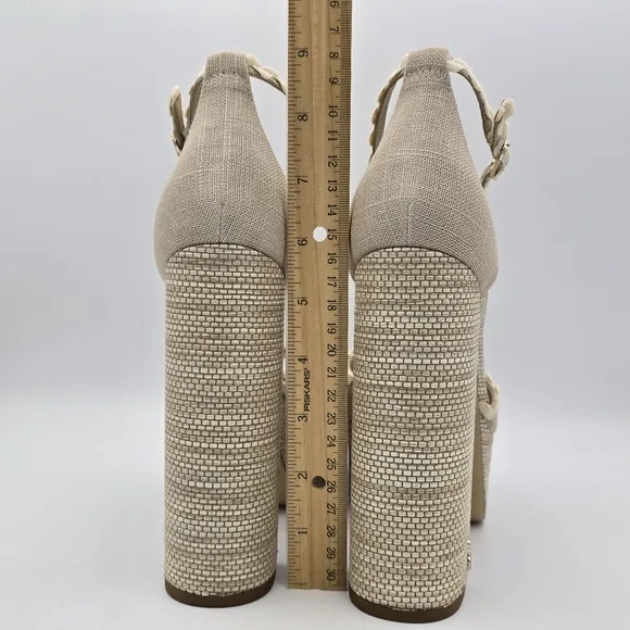 NWOT Sam Edelman Kori 2 Ankle Wrap Peep-Toe Platform Heels, Natural Linen, Sz. 9
