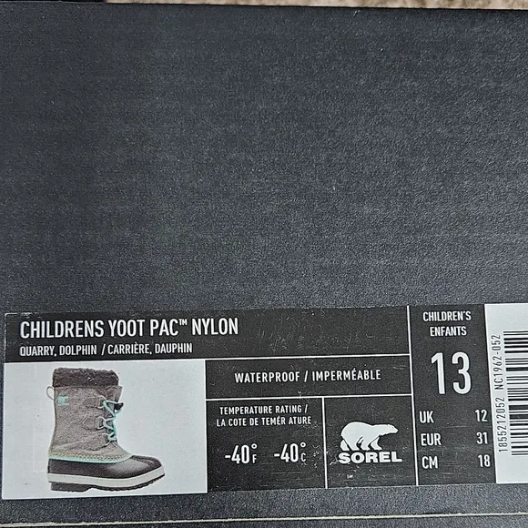 NWT Sorel Children's Yoot Pac Nylon Waterproof Boot Size 13