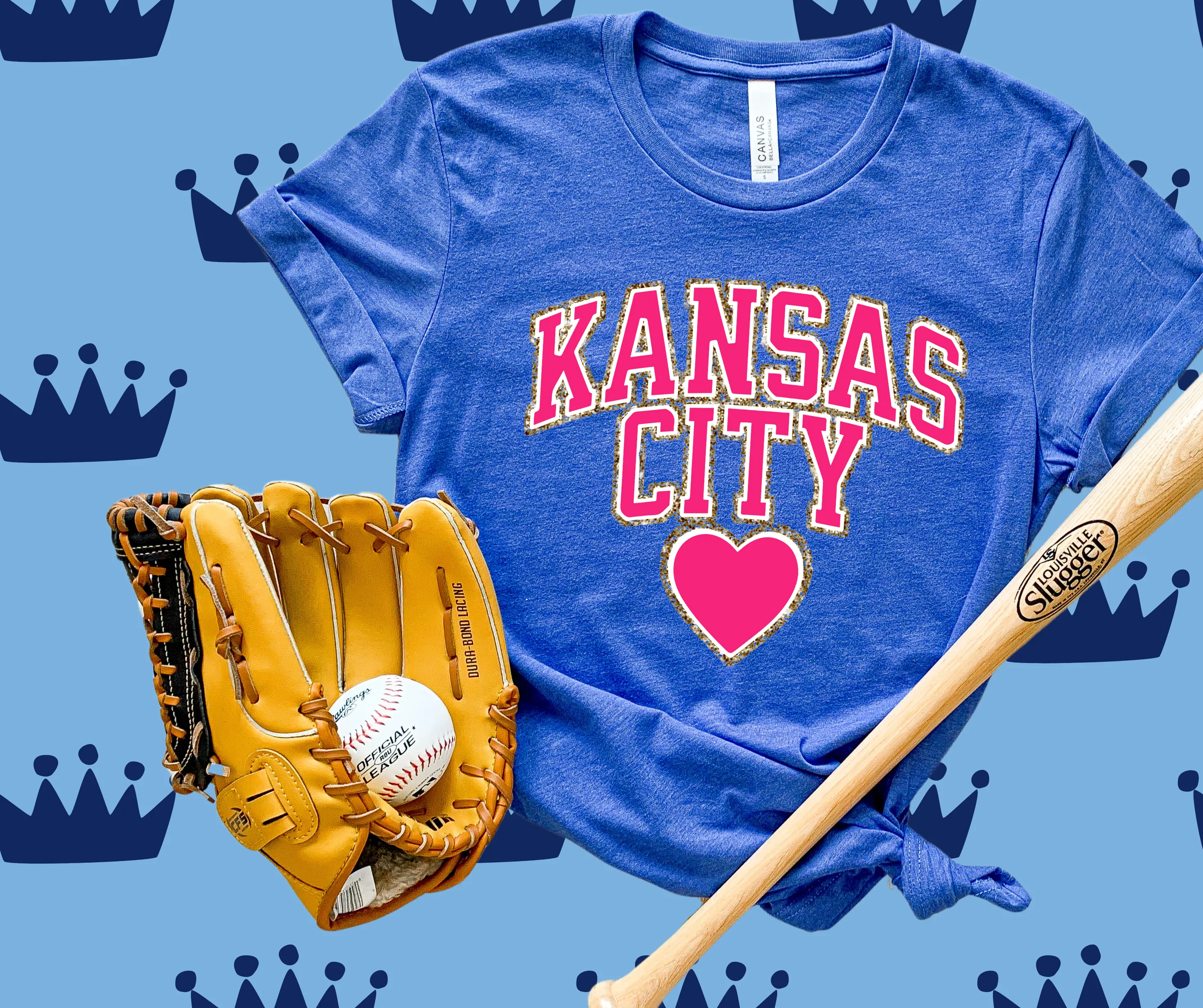 Pink Faux Chenille Letters Kansas City Heart Blue Graphic Tee