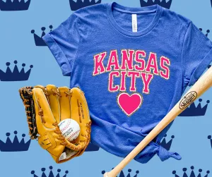 Pink Faux Chenille Letters Kansas City Heart Blue Graphic Tee