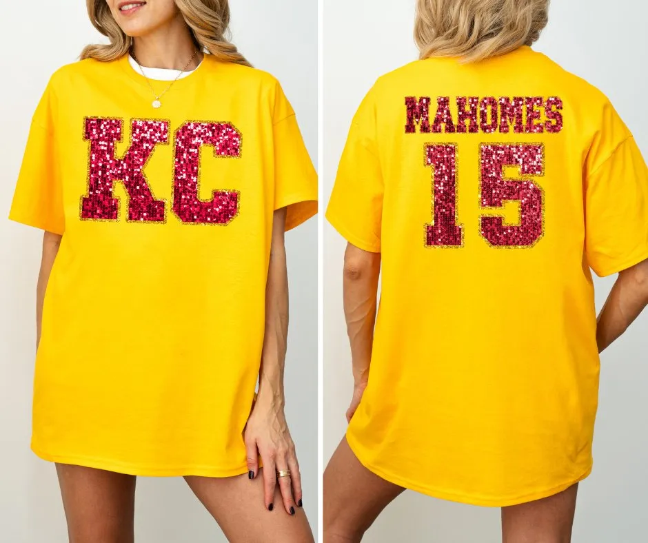 Red Faux Glitter KC Front & MAHOMES 15 Back Gold Tee (FRONT/BACK)