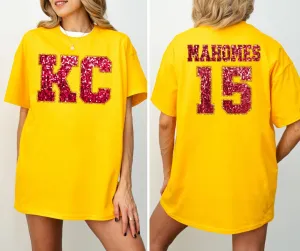Red Faux Glitter KC Front & MAHOMES 15 Back Gold Tee (FRONT/BACK)