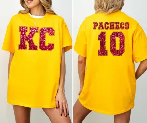 Red Faux Glitter KC Front & PACHECO 10 Back Gold Tee (FRONT/BACK)
