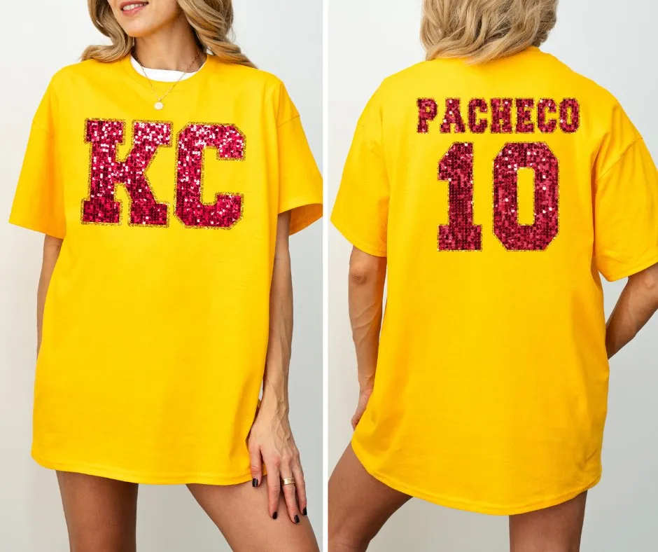 Red Faux Glitter KC Front & PACHECO 10 Back Gold Tee (FRONT/BACK)