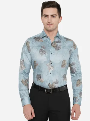 Sky Blue Printed Slim Fit Party Wear Shirt | Wyre