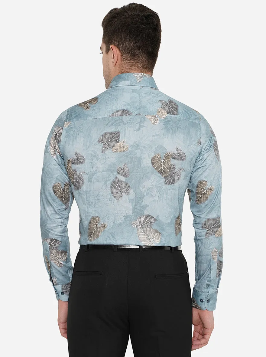 Sky Blue Printed Slim Fit Party Wear Shirt | Wyre