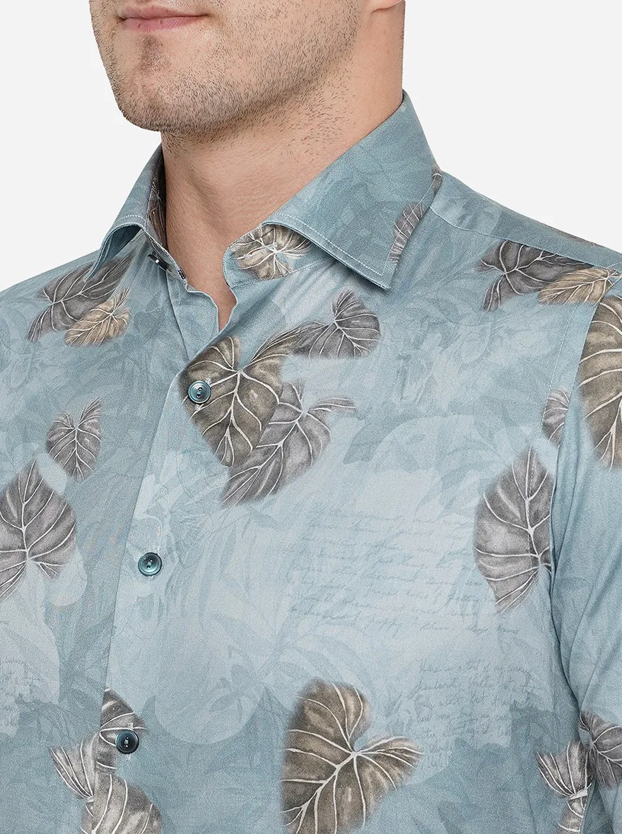 Sky Blue Printed Slim Fit Party Wear Shirt | Wyre