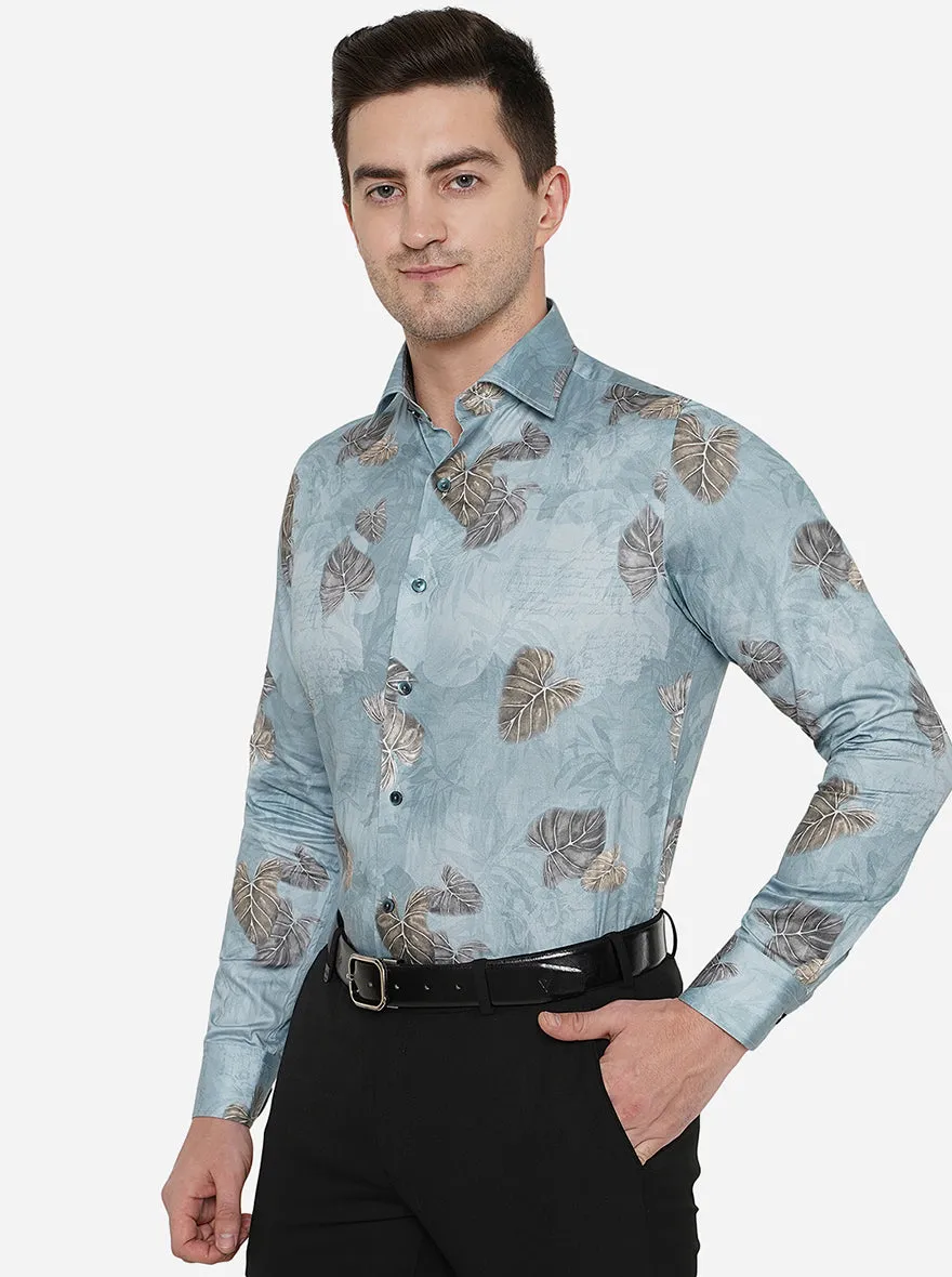 Sky Blue Printed Slim Fit Party Wear Shirt | Wyre