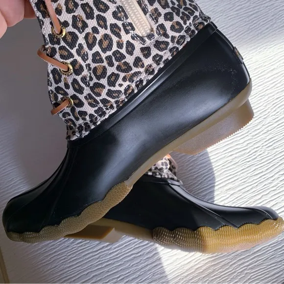 Sperry Saltwater Animal Duck Boot Leopard Rain Boots in Black Tan Size 4 Girls